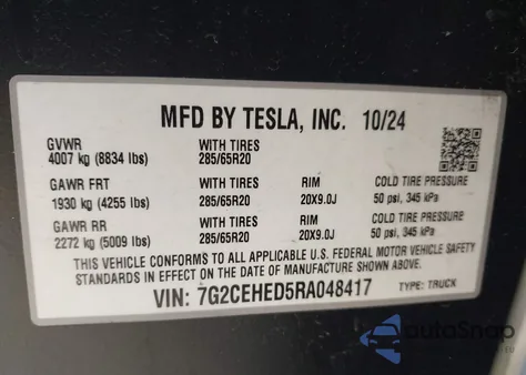 2024 Tesla Cybertruck All-Wheel Drive z USA, uszkodzony, nr VIN 7G2CEHED5RA048417